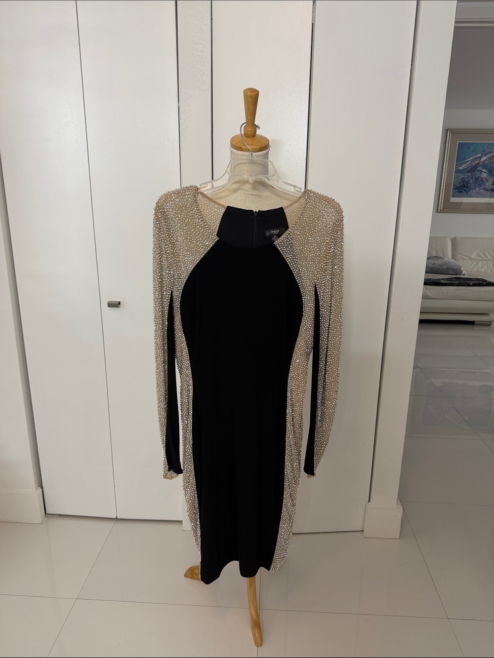 Aqua Black Dress with Silver Crystal-Embellished Long Sleeves